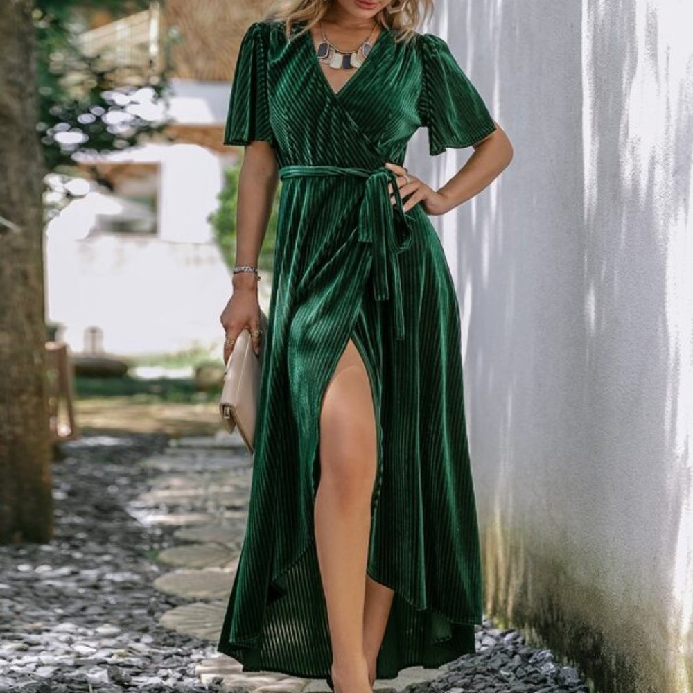 Wrap Knot Side High Low Hem Velvet Dress - Picture 6 of 7